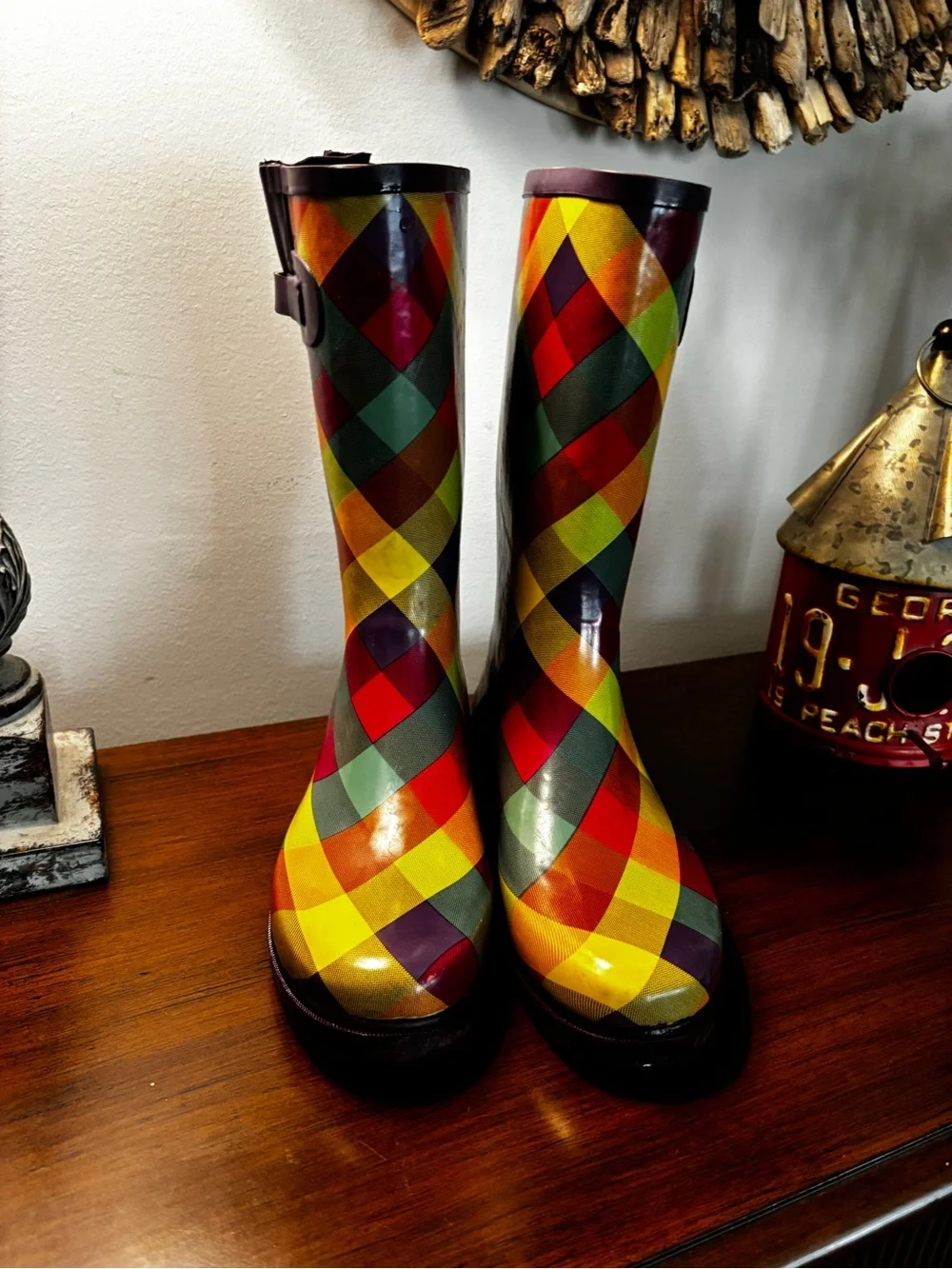 Women’s Merino Colorful Plaid Rain Boots weatherproof rainy day Size 8